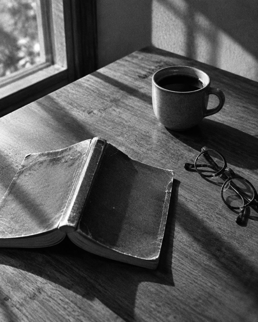 Un libro abierto junto a una taza de café