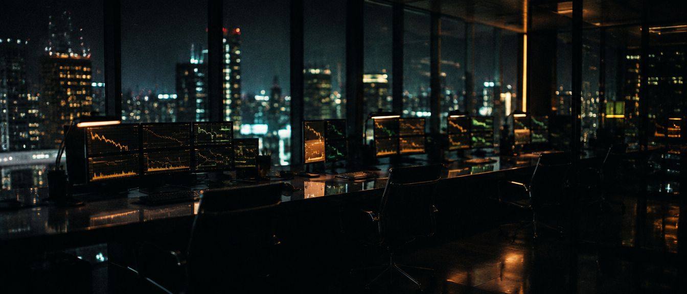 Mesa de operaciones vacía de noche, con monitores encendidos